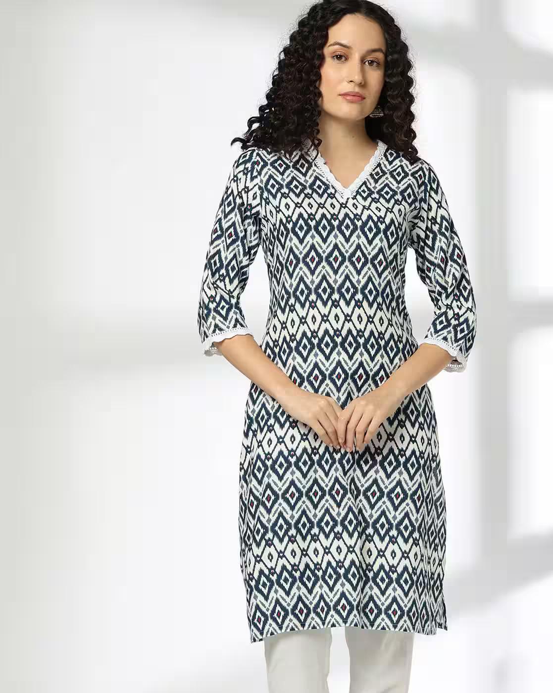IKKAT CONTRAST COT KURTA, OFF WHITE, XL