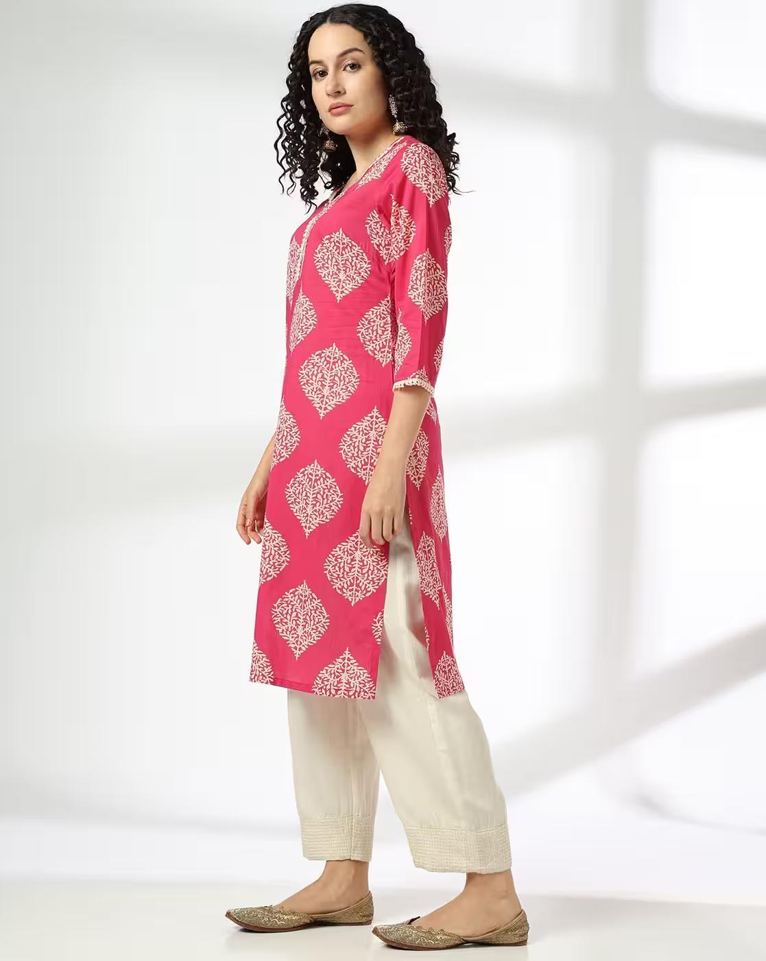 BIG JAIPURI AOP KURTA, MAGNTA/FUSHA, L