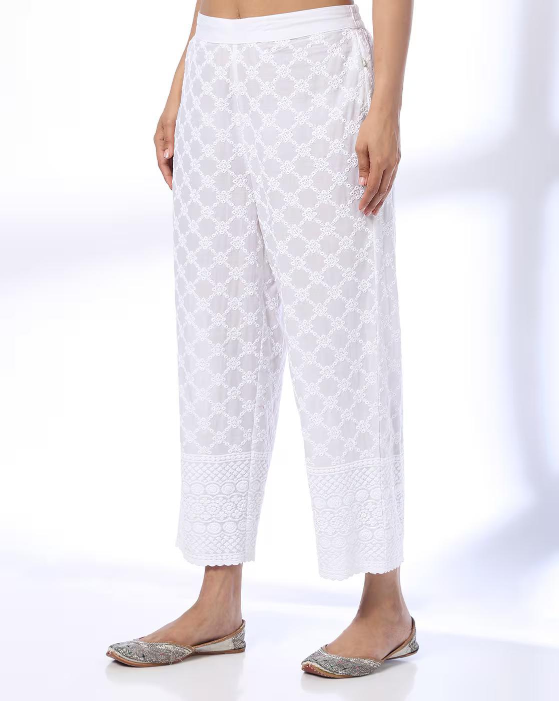 PALAZZO WITH SCHIFFLI EMBROIDE, WHITE, L