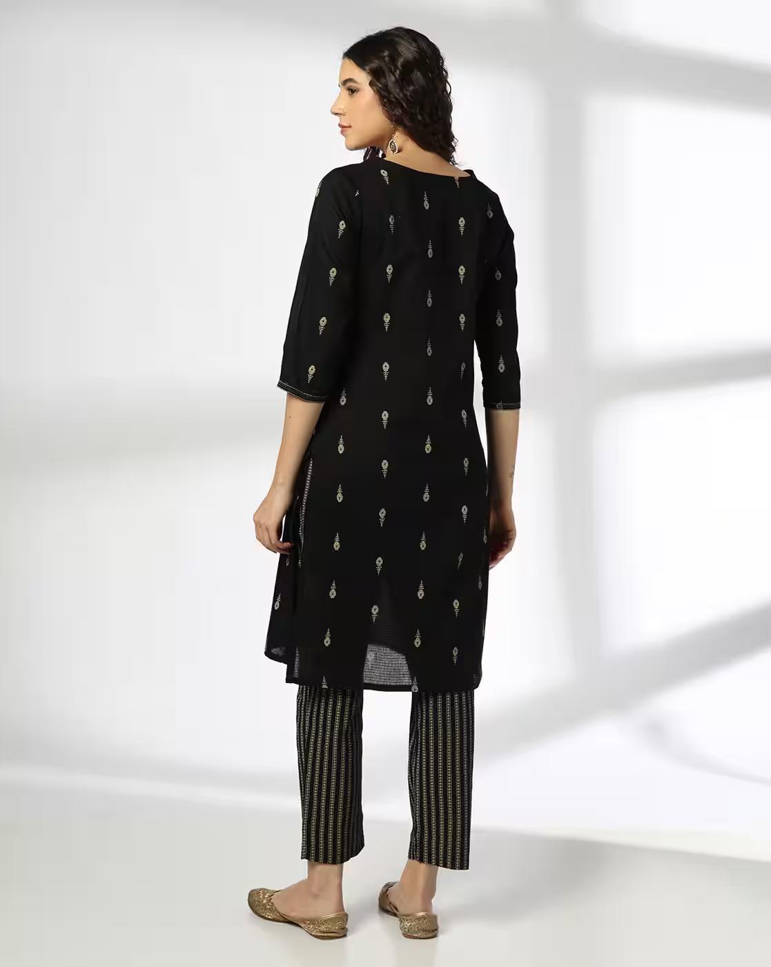 V NECK GATHERS WEAVE PRT SET, BLACK, M
