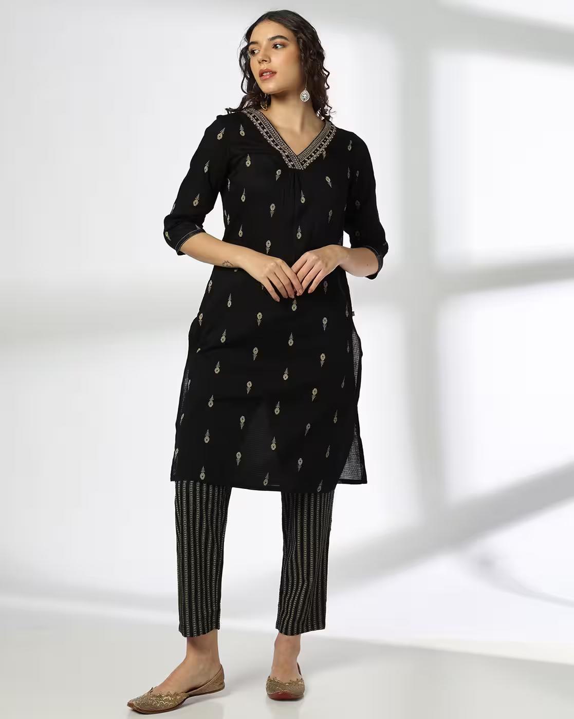V NECK GATHERS WEAVE PRT SET, BLACK, M