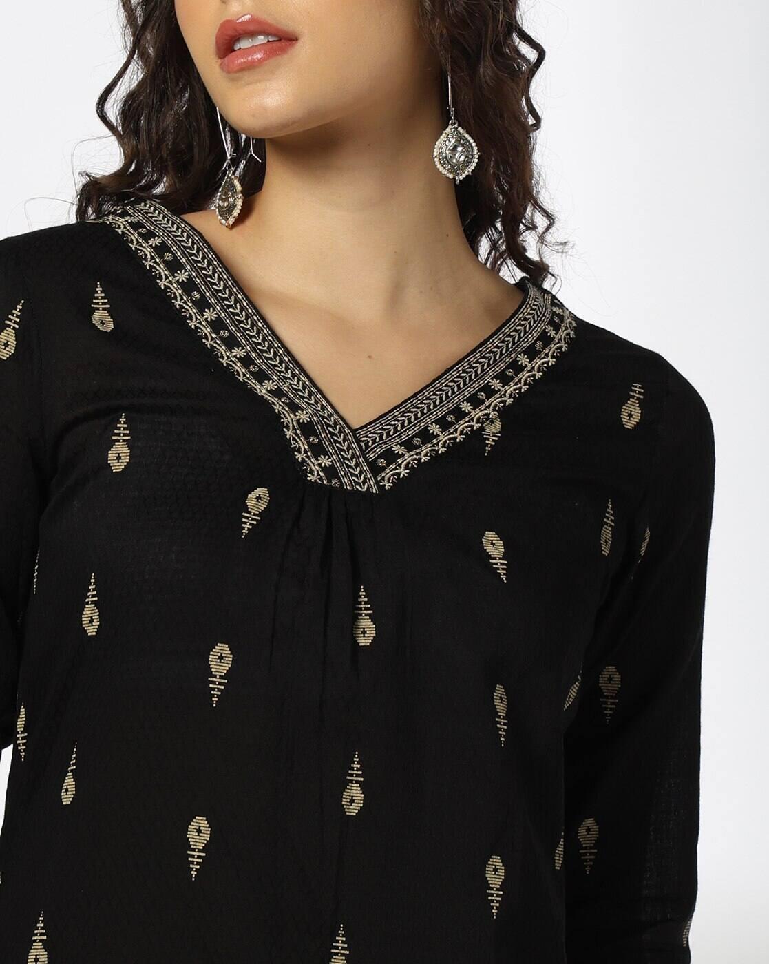 V NECK GATHERS WEAVE PRT SET, BLACK, M