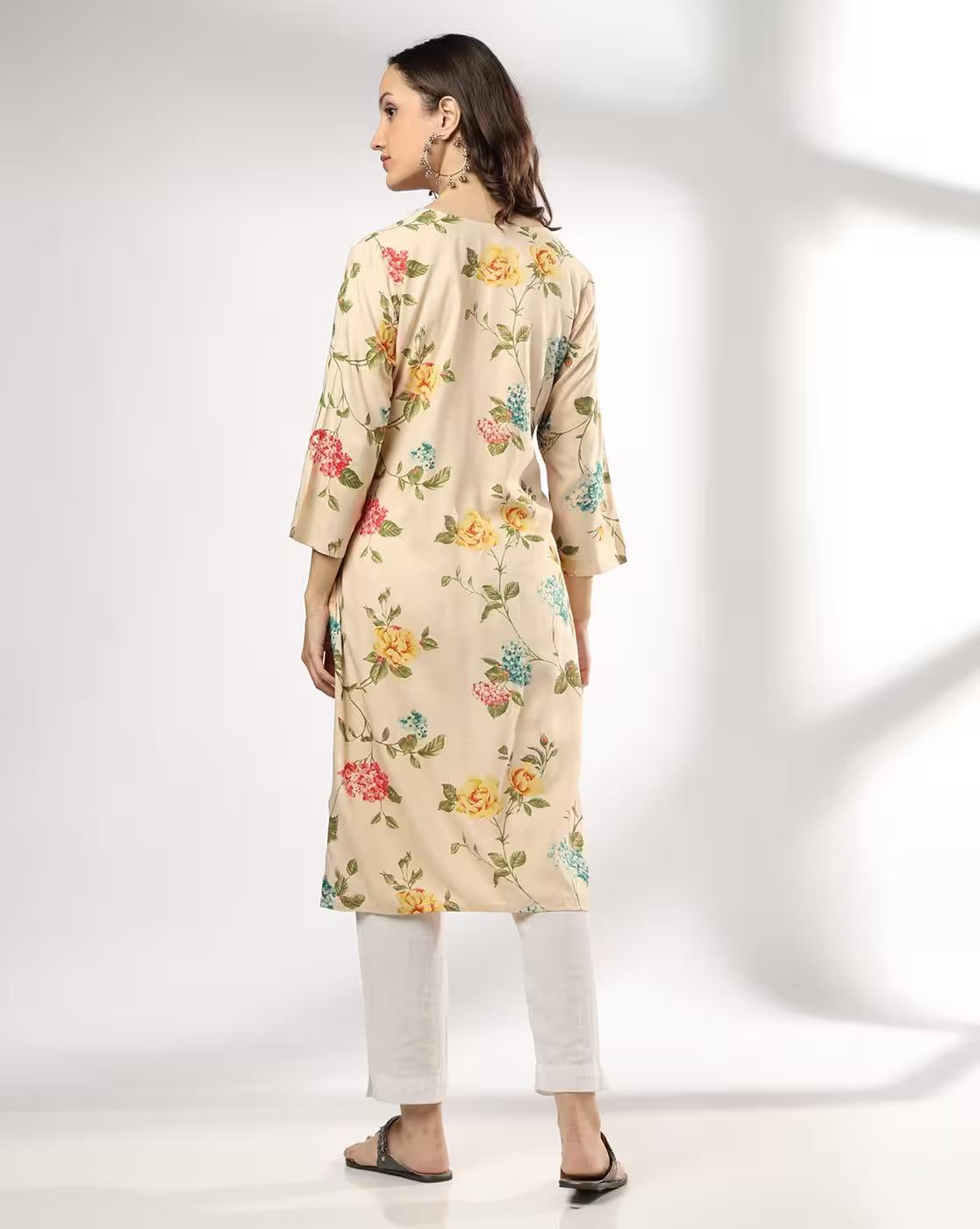 SHADED FLOWER JAAL PRT KURTA, CREAM, S