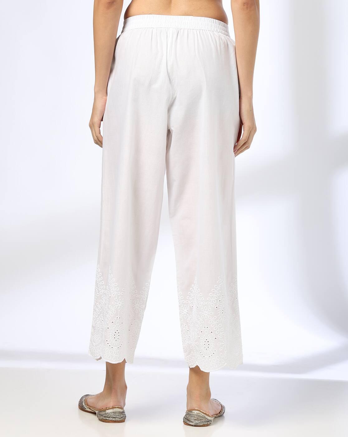 NARROW PALAZZO WITH SCHIFFLI B, WHITE, S