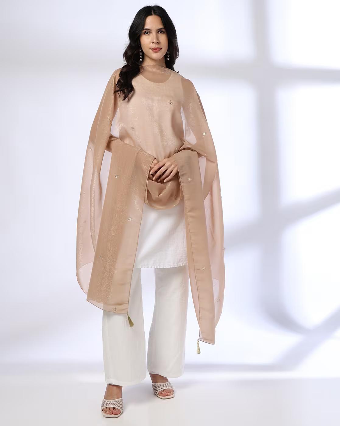 EMBROIDERED POLY TISSUE DUPAT, BEIGE, FS