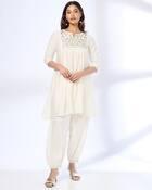 SHORT YOKE FLARED KURTA, OFF WHITE, XXL