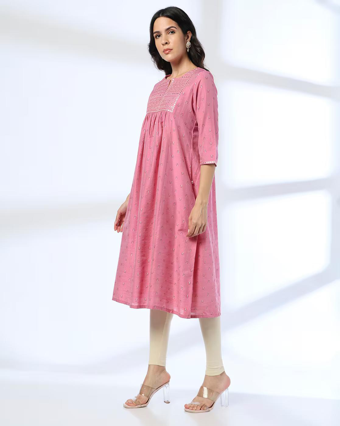 EMB YOKE GATHERED FLARED, LT. PINK, XXL