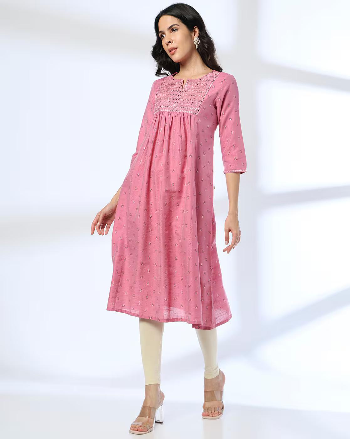 EMB YOKE GATHERED FLARED, LT. PINK, XXL