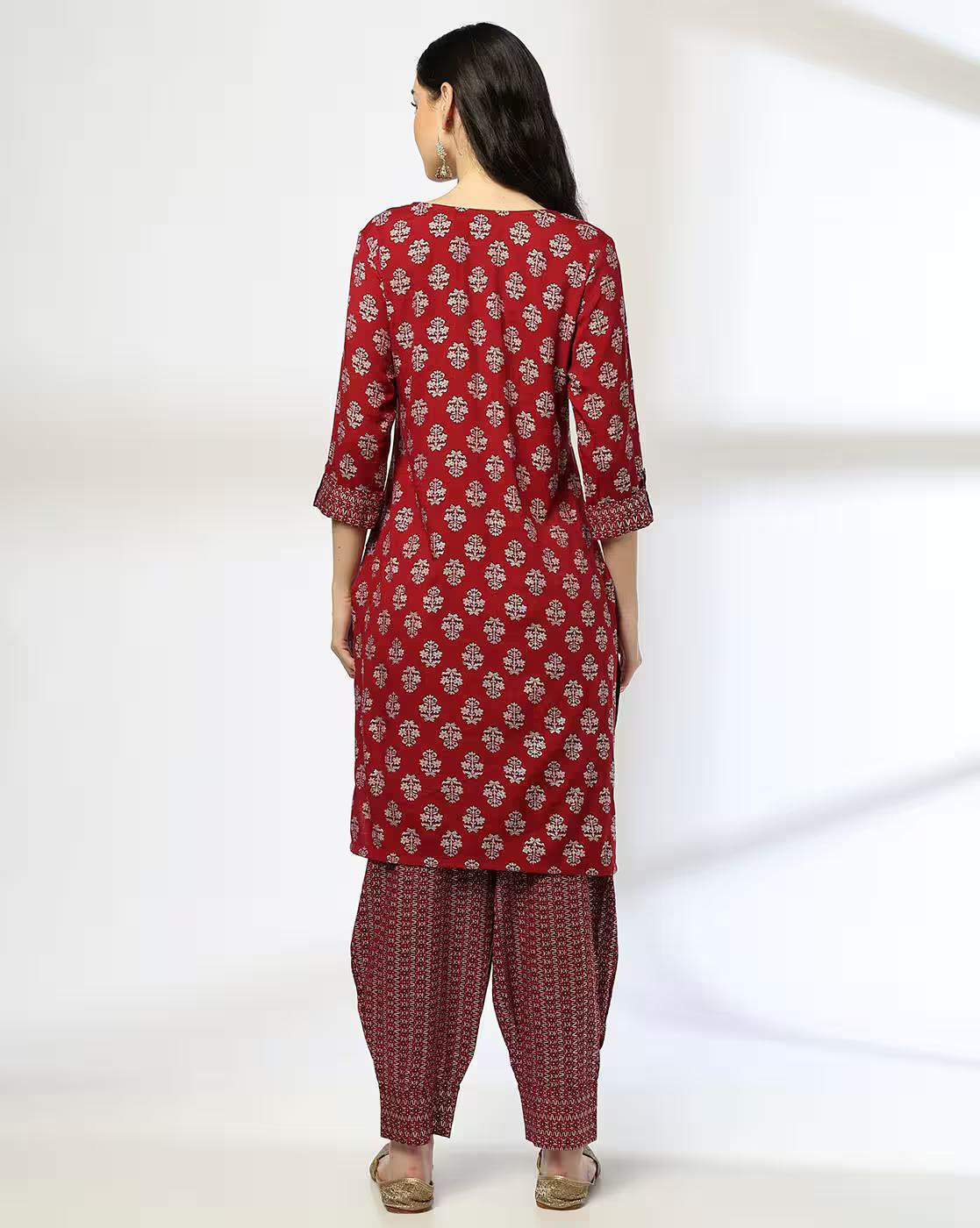 FLORAL KURTA AOP LINES YOKE SET, RED, XS
