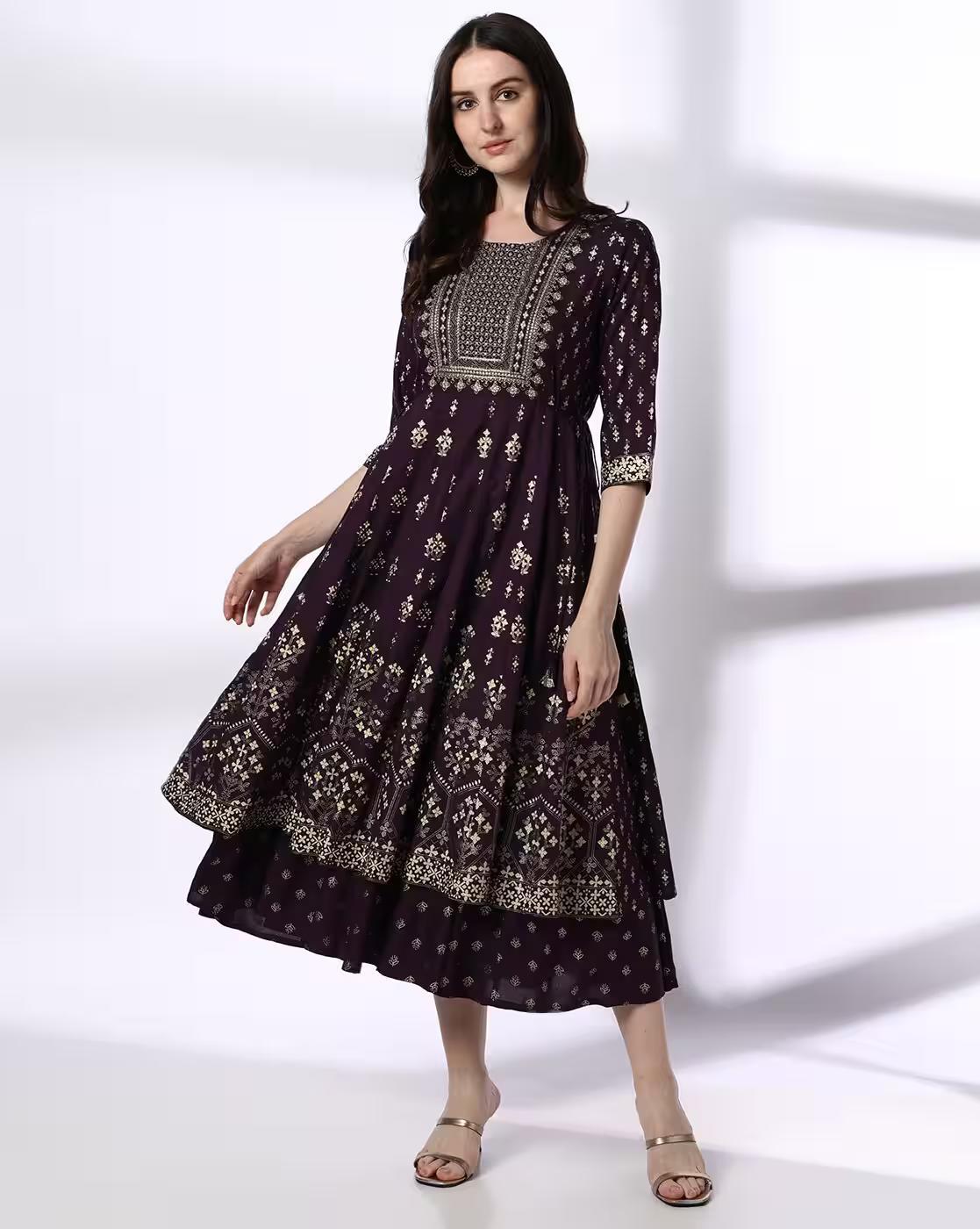Mauve Rayon Layered Dress, Mauve, L