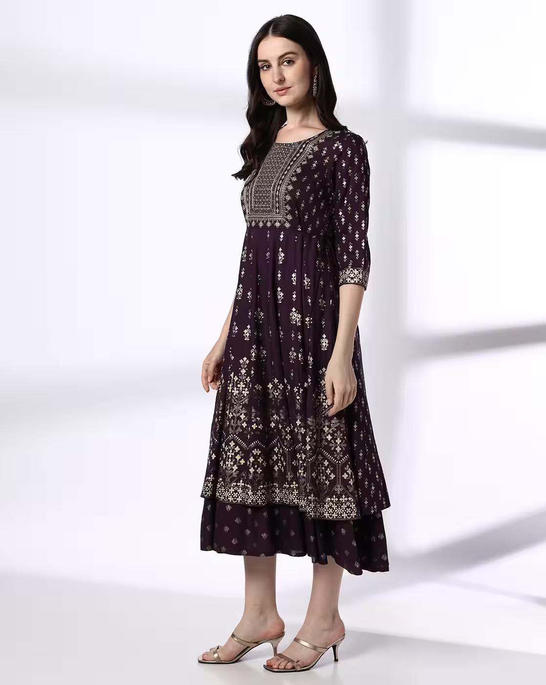 Mauve Rayon Layered Dress, Mauve, L