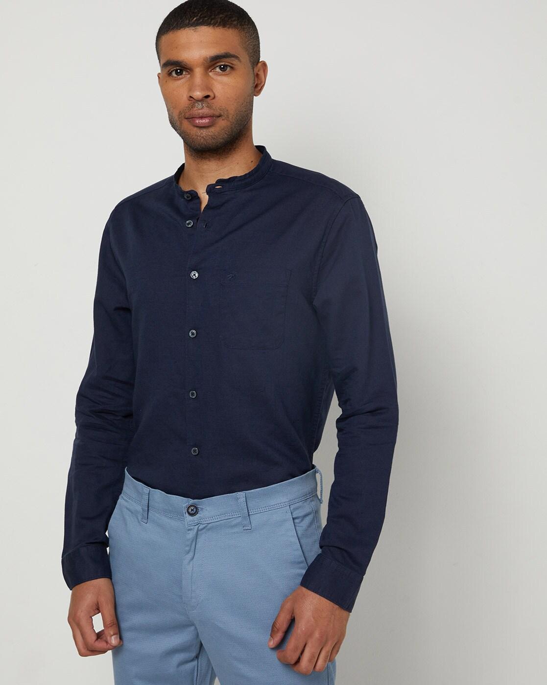 Men Slim Fit Shirt with Band Collar