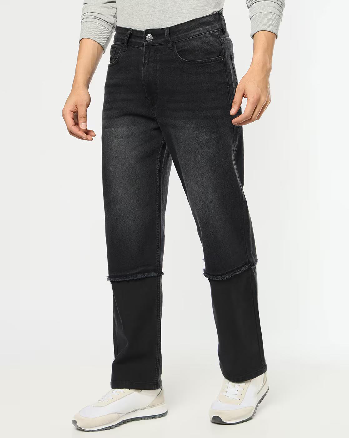 Men Washed Straight Fit Jeans with Panalled Frayed Edges
