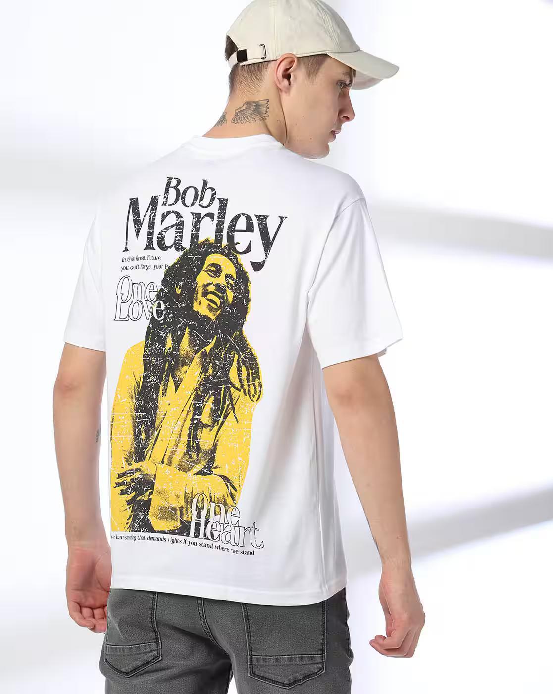 Bob Marley - Men Typographic Print Regular Fit Crew-Neck T-Shirt