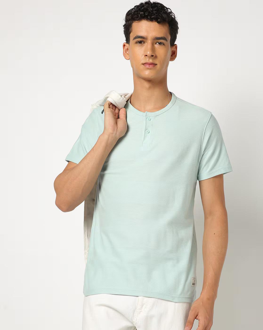 HS SHORT PLACKET HENLEY, LT. BLUE, S