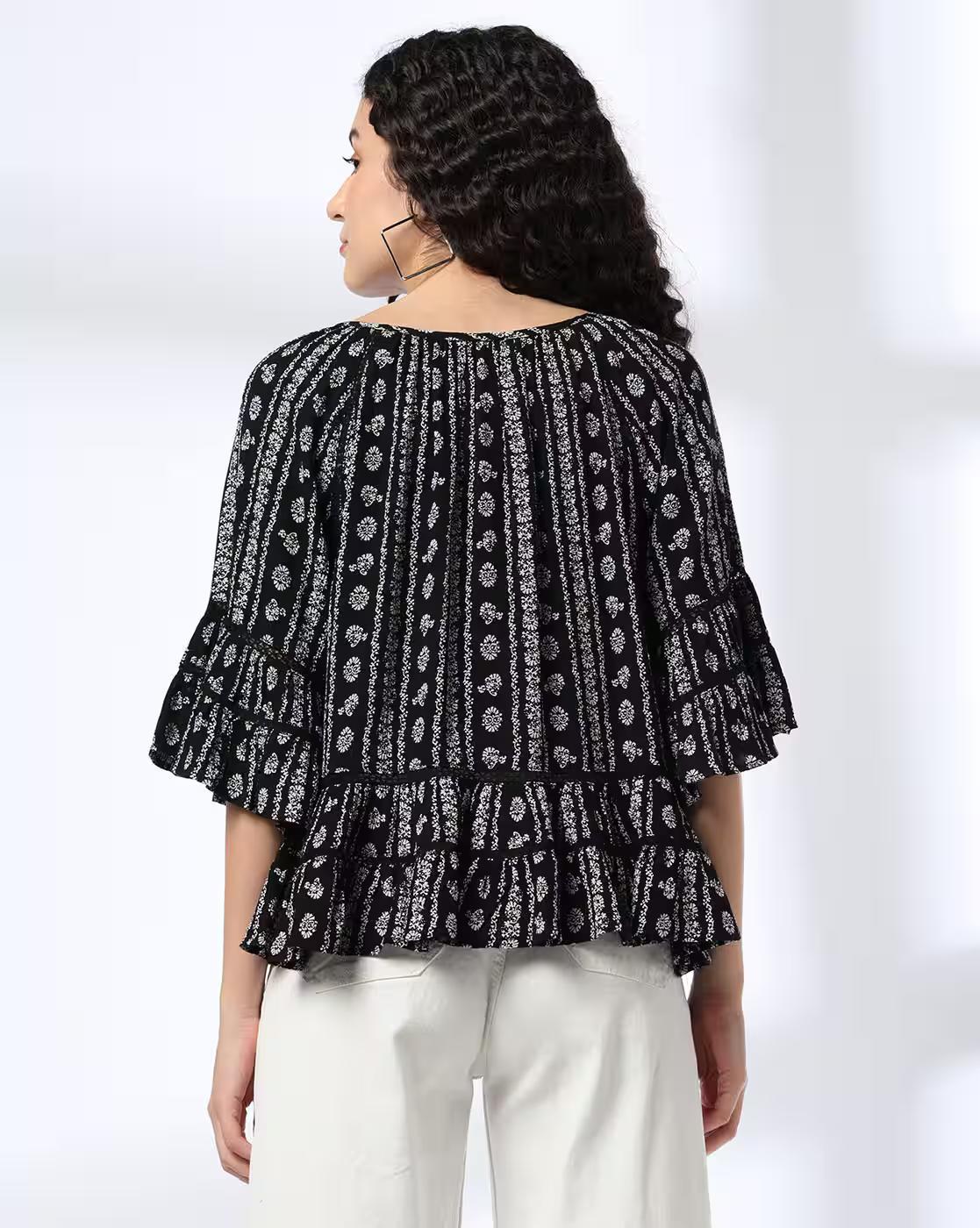 Printed Tiered Top with Tie Up, BLACK