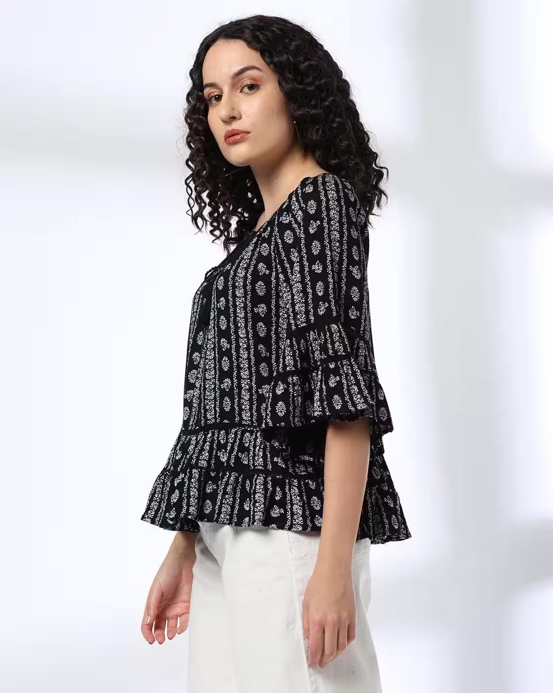 Printed Tiered Top with Tie Up, BLACK