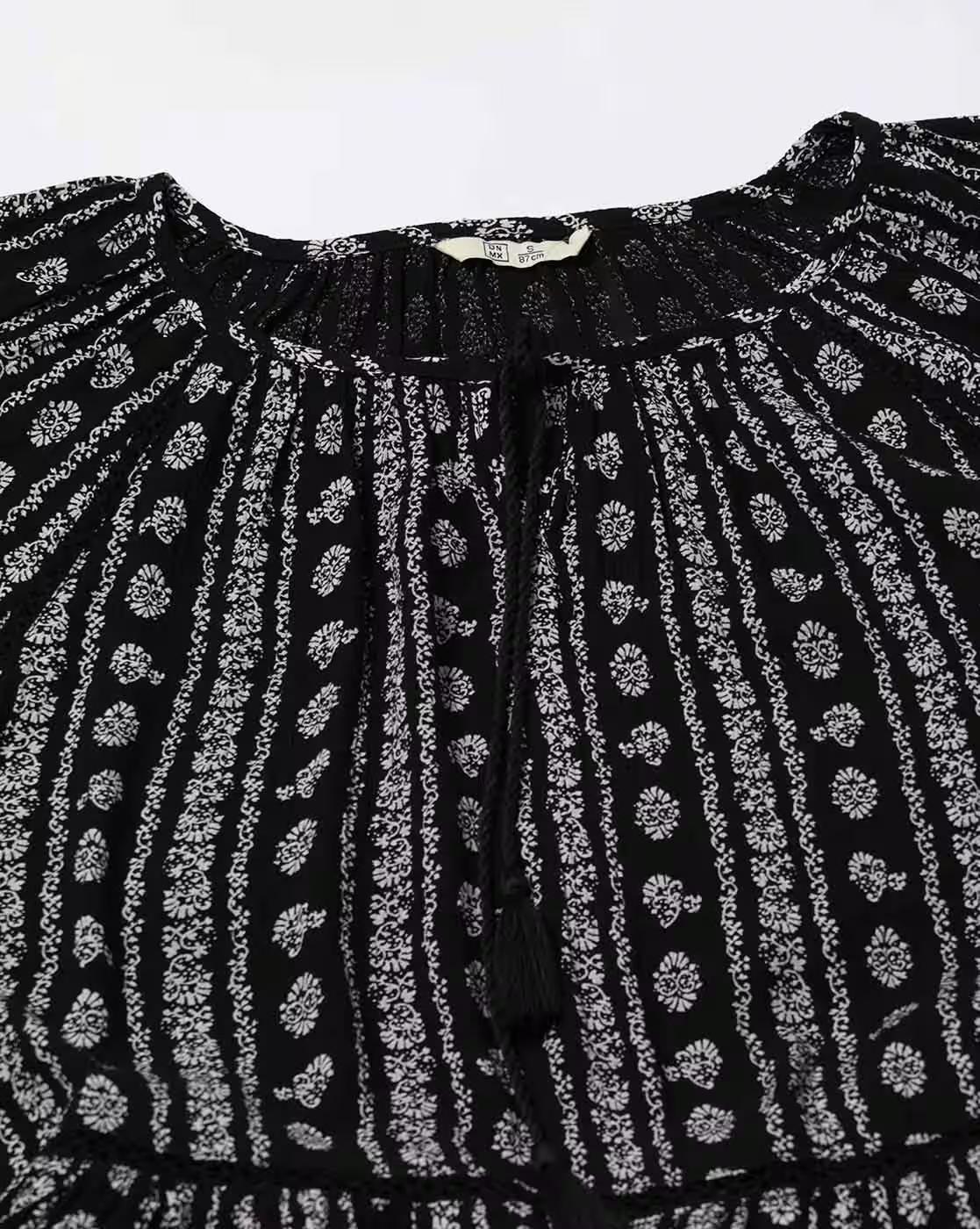 Printed Tiered Top with Tie Up, BLACK