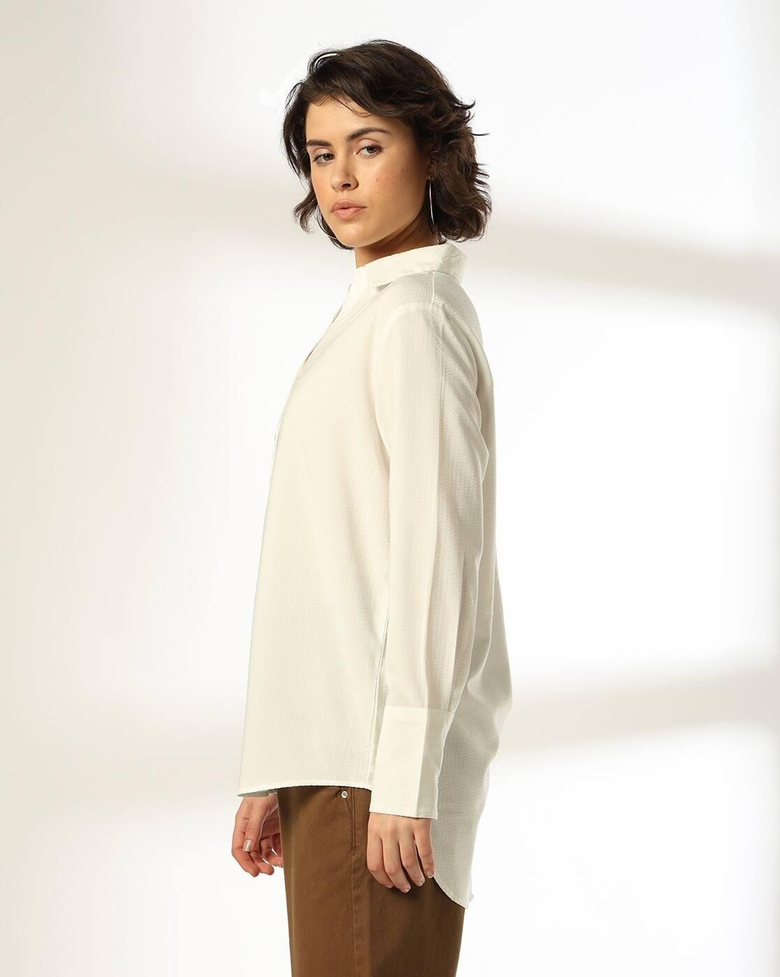 SOLID SEERSUCKER SHIRT WITH WI, WHITE, L