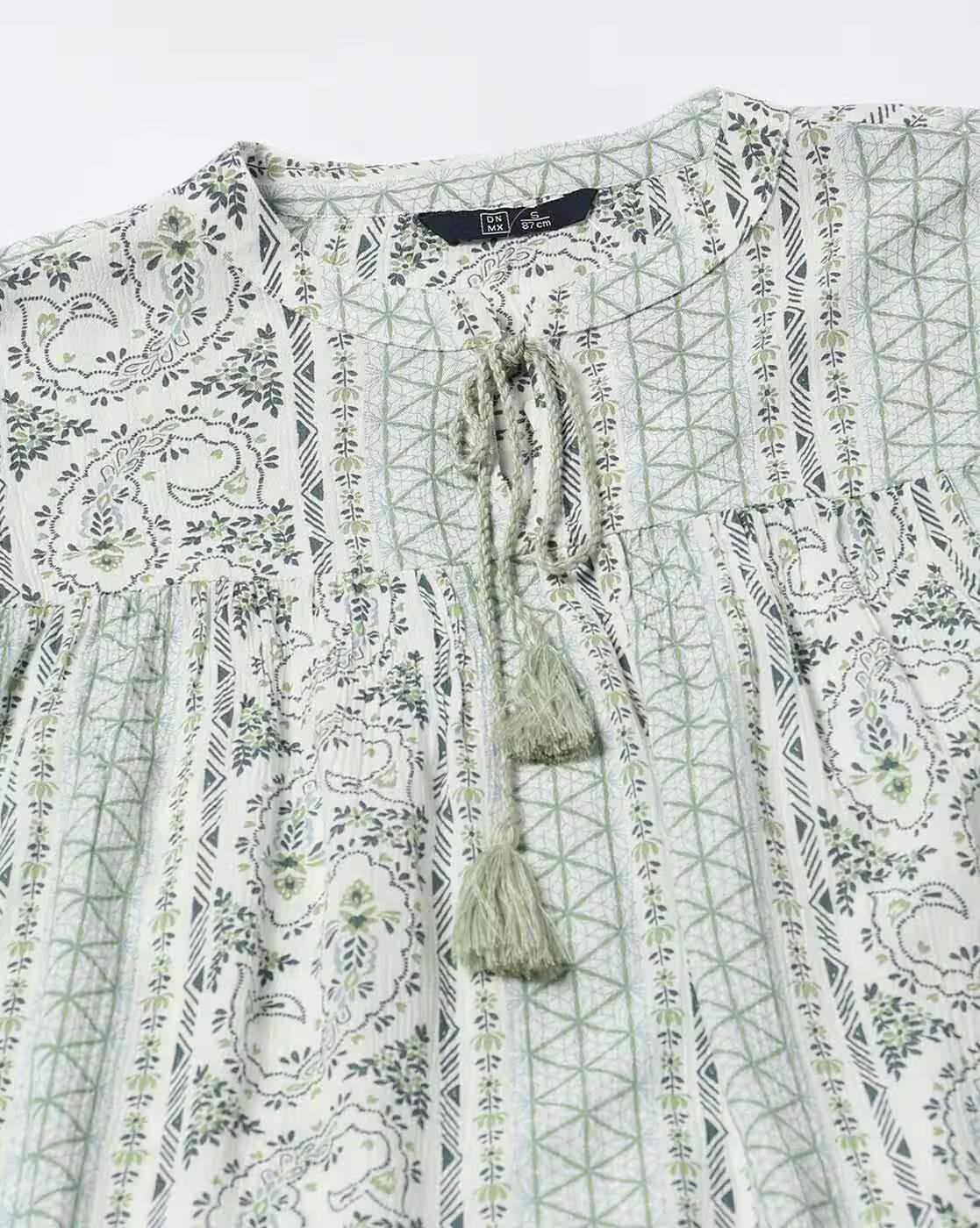 Rayon Crinkle Printed V Neck T, GREEN