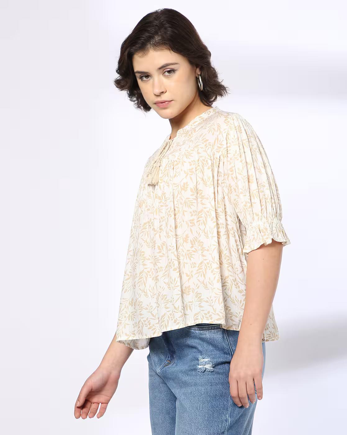 Rayon Crinkle Printed V Neck T, BEIGE, S