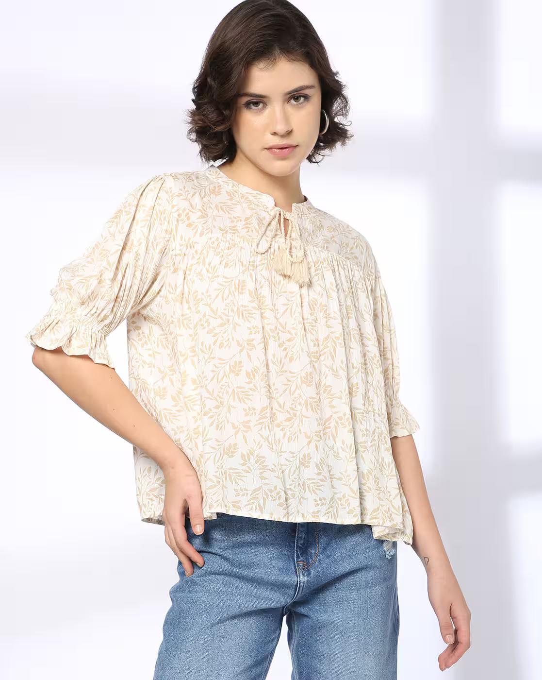 Rayon Crinkle Printed V Neck T, BEIGE, S