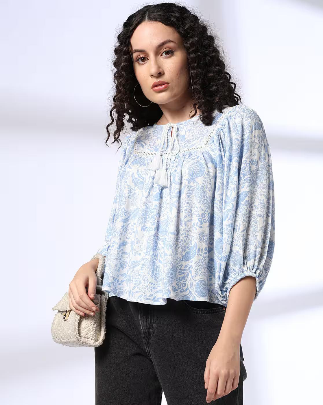 Printed Balloon Sleeve Top, BLUE, S