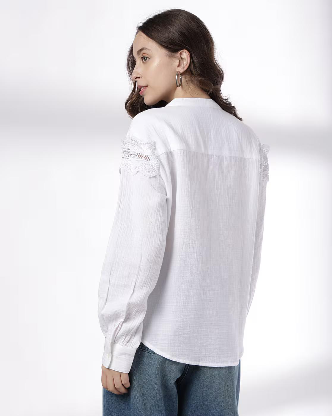 Button Down Shirt  with Lace, WHITE, XL