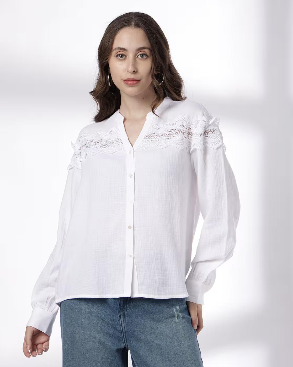 Button Down Shirt  with Lace, WHITE, XL