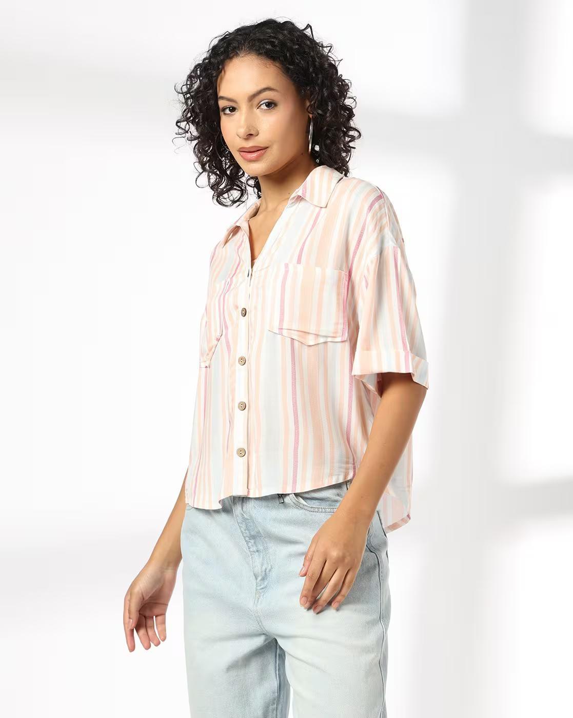 Stripe Boxy Shirt with Patch P, PEACH, L
