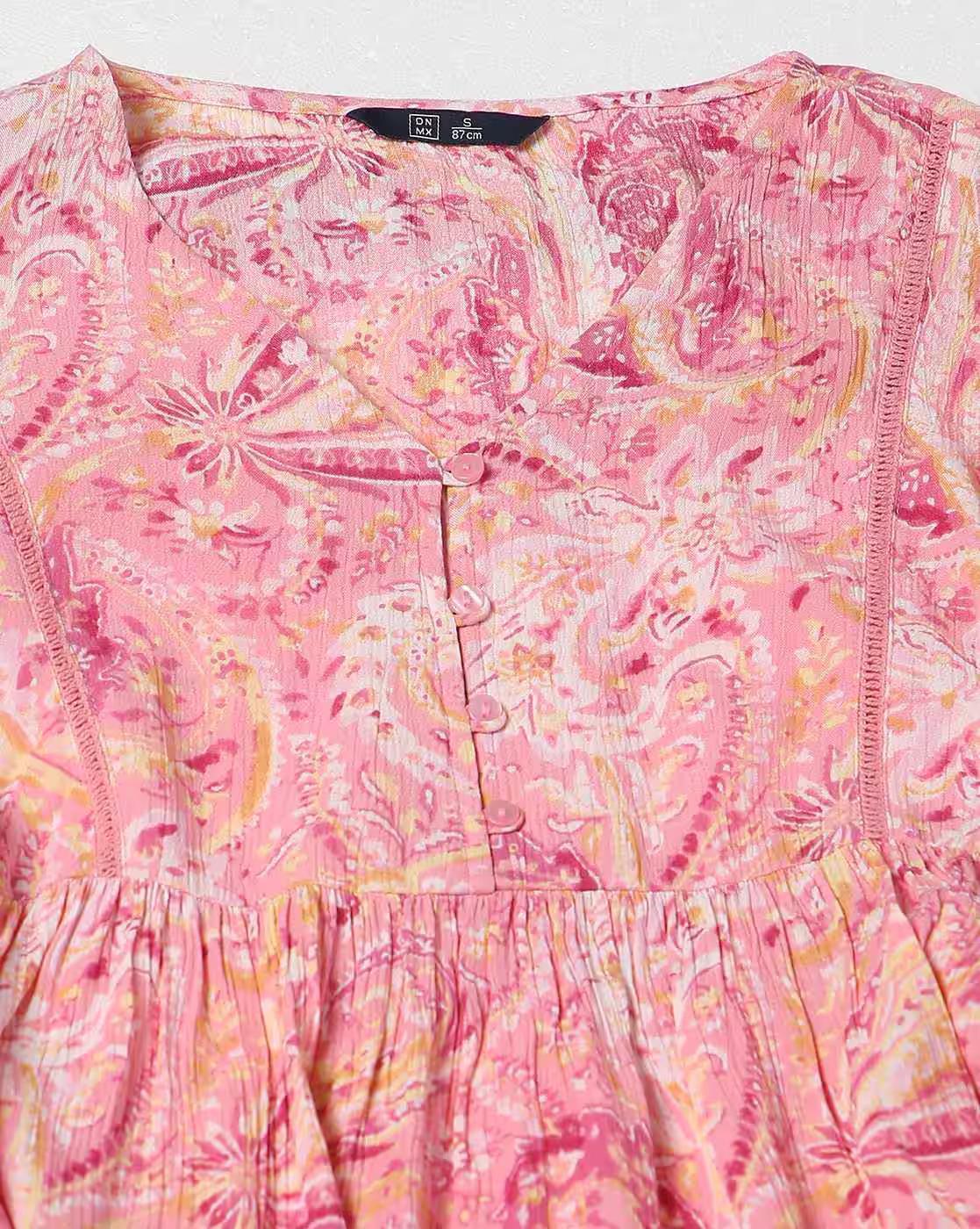 V Neck Printed Peplum Top, PINK, XS