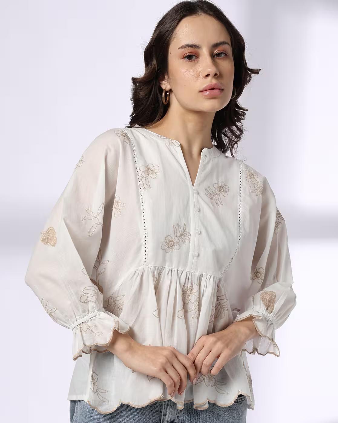 Y Notch Peplum Top Embroi, OFF WHITE, XS
