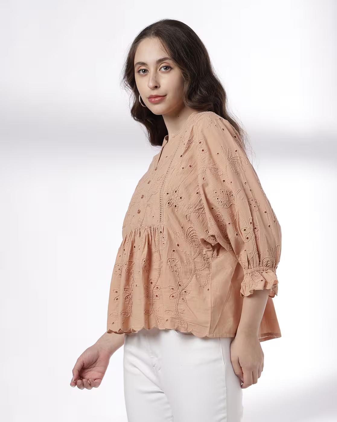 Y Notch Embroidered Peplum Top, BROWN