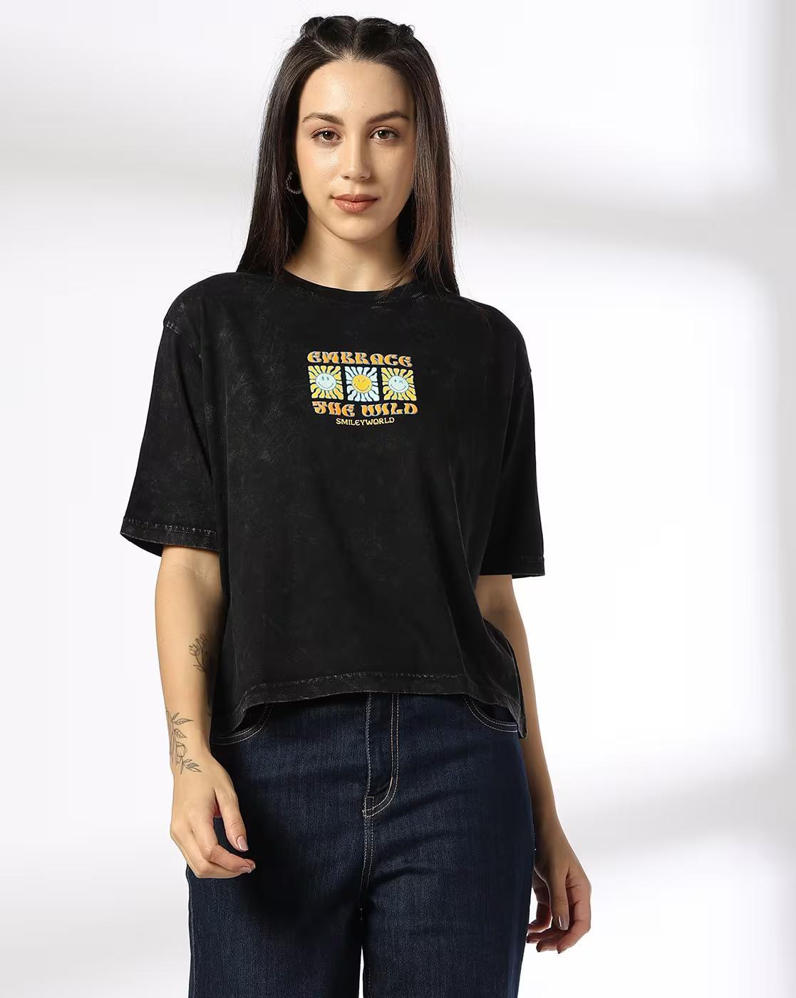 SMILEY DROP SHOULDER CROP T, CHARCOAL, M