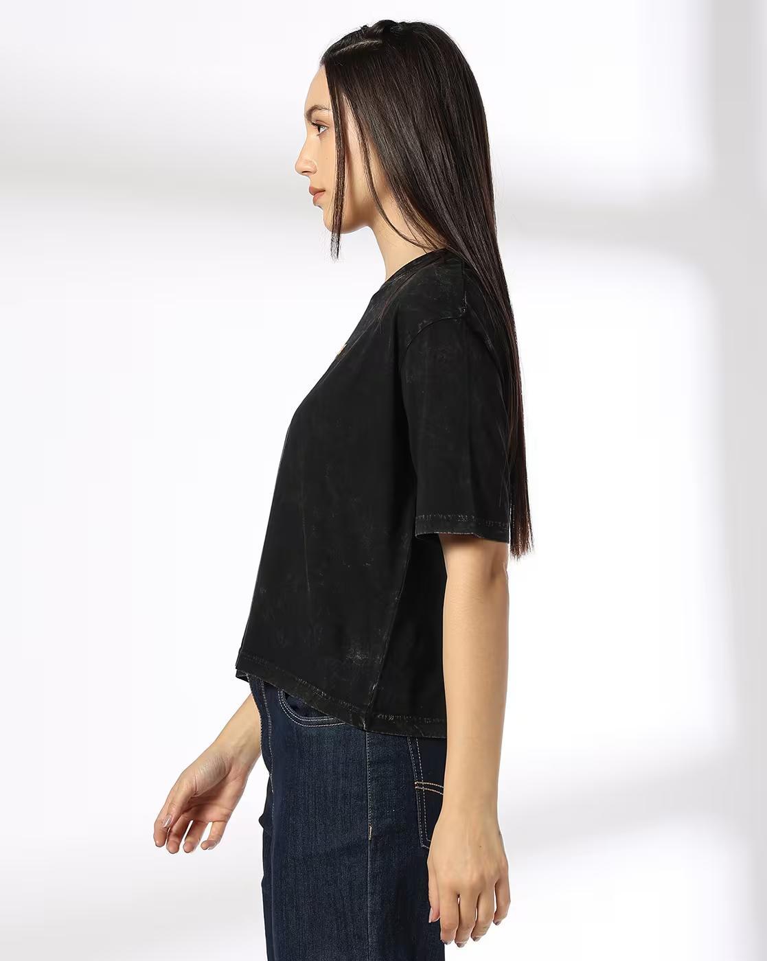 SMILEY DROP SHOULDER CROP T, CHARCOAL, M