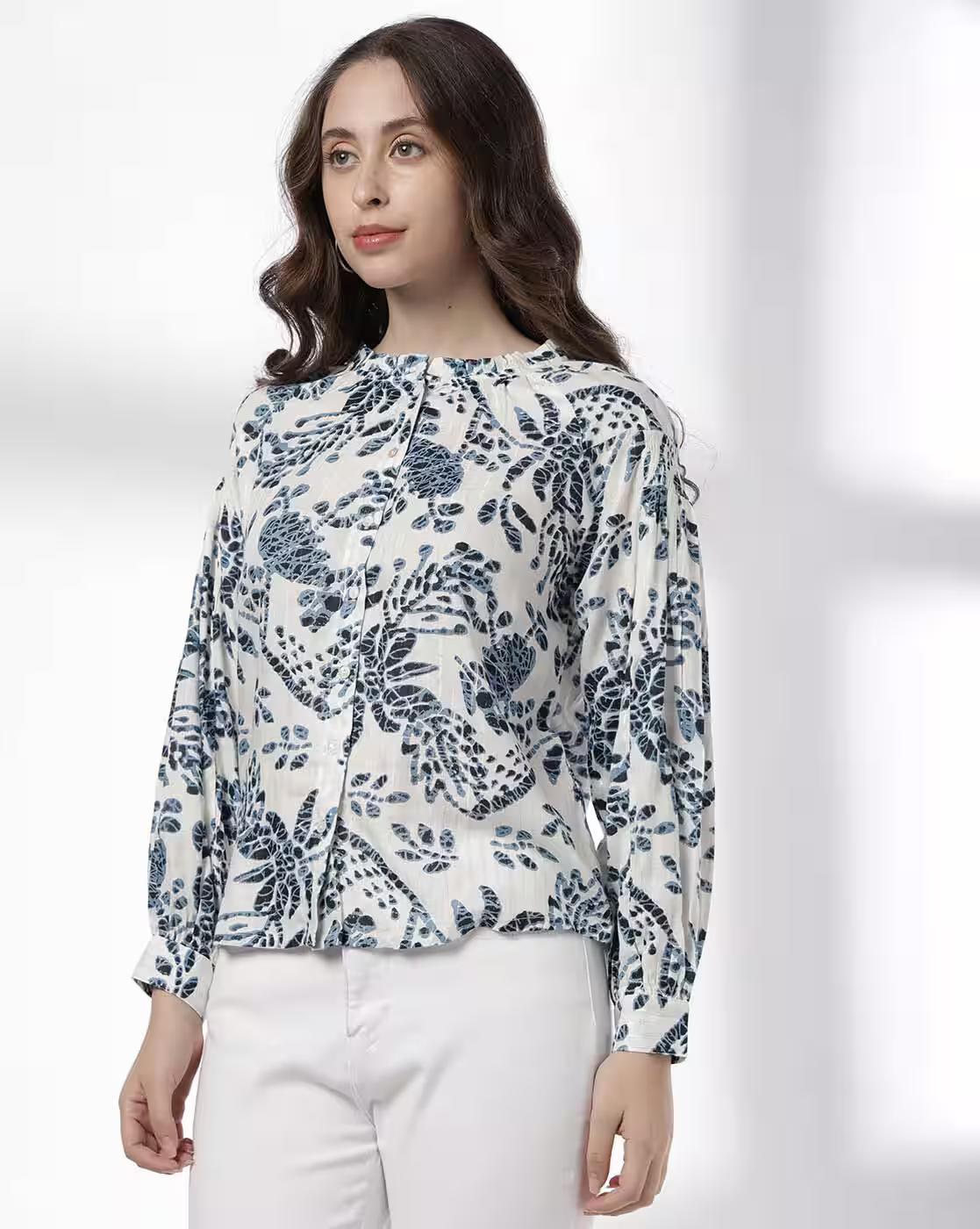 Button Down Printed Top with Lu, BLUE, L