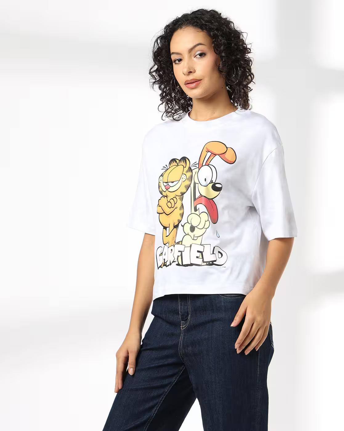 Women Garfield Print Boxy Fit Crew-Neck T-Shirt