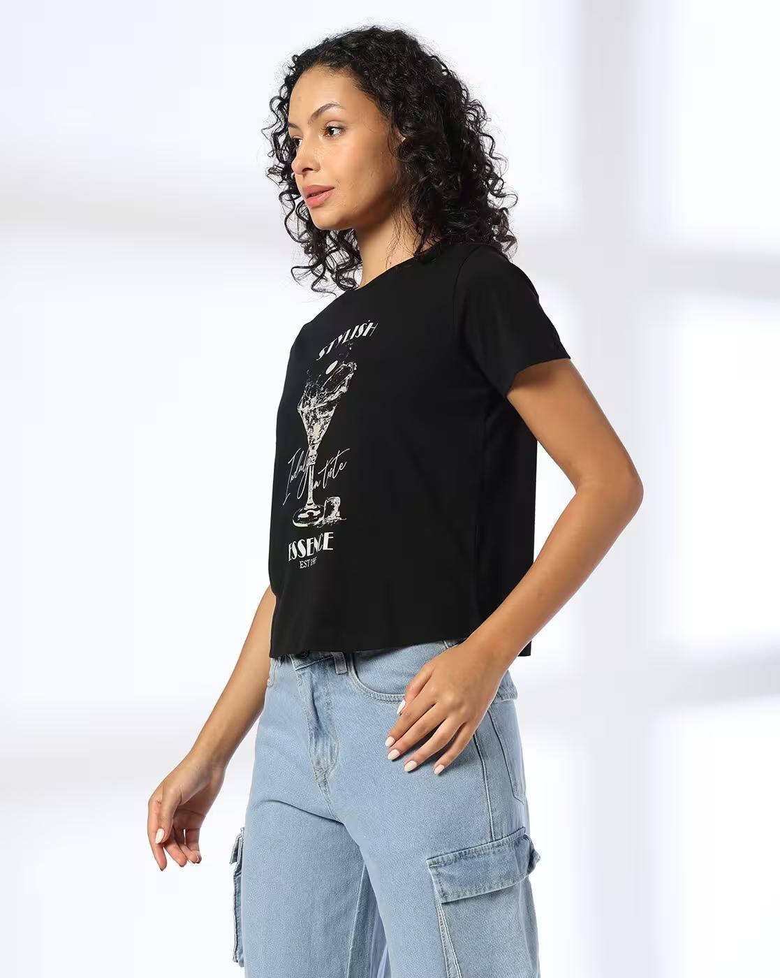 STYLISH REGULAR CROP BODY TEE, BLACK, XS