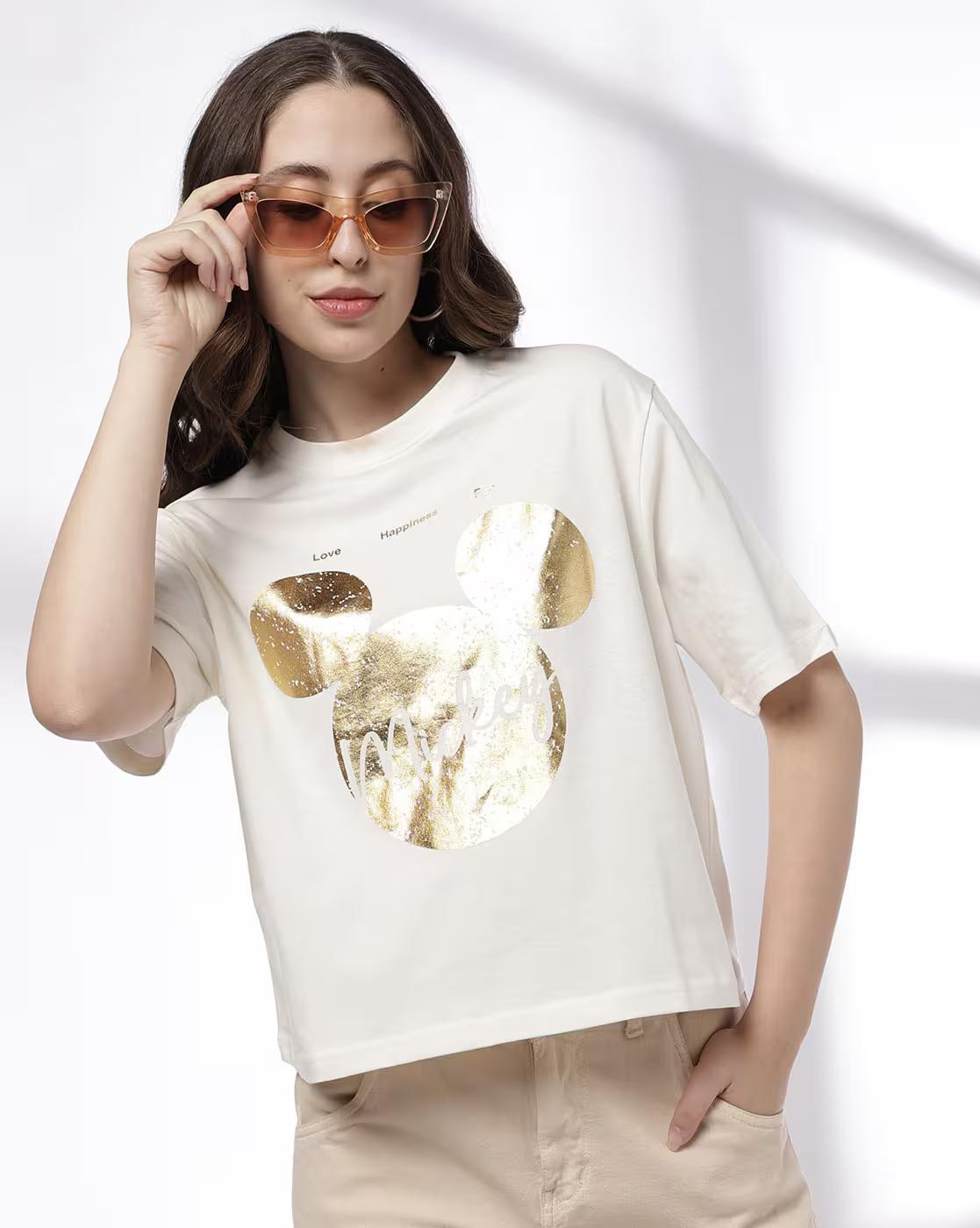 Disney - Women Mickey Mouse Print Boxy Fit Crew-Neck T-Shirt