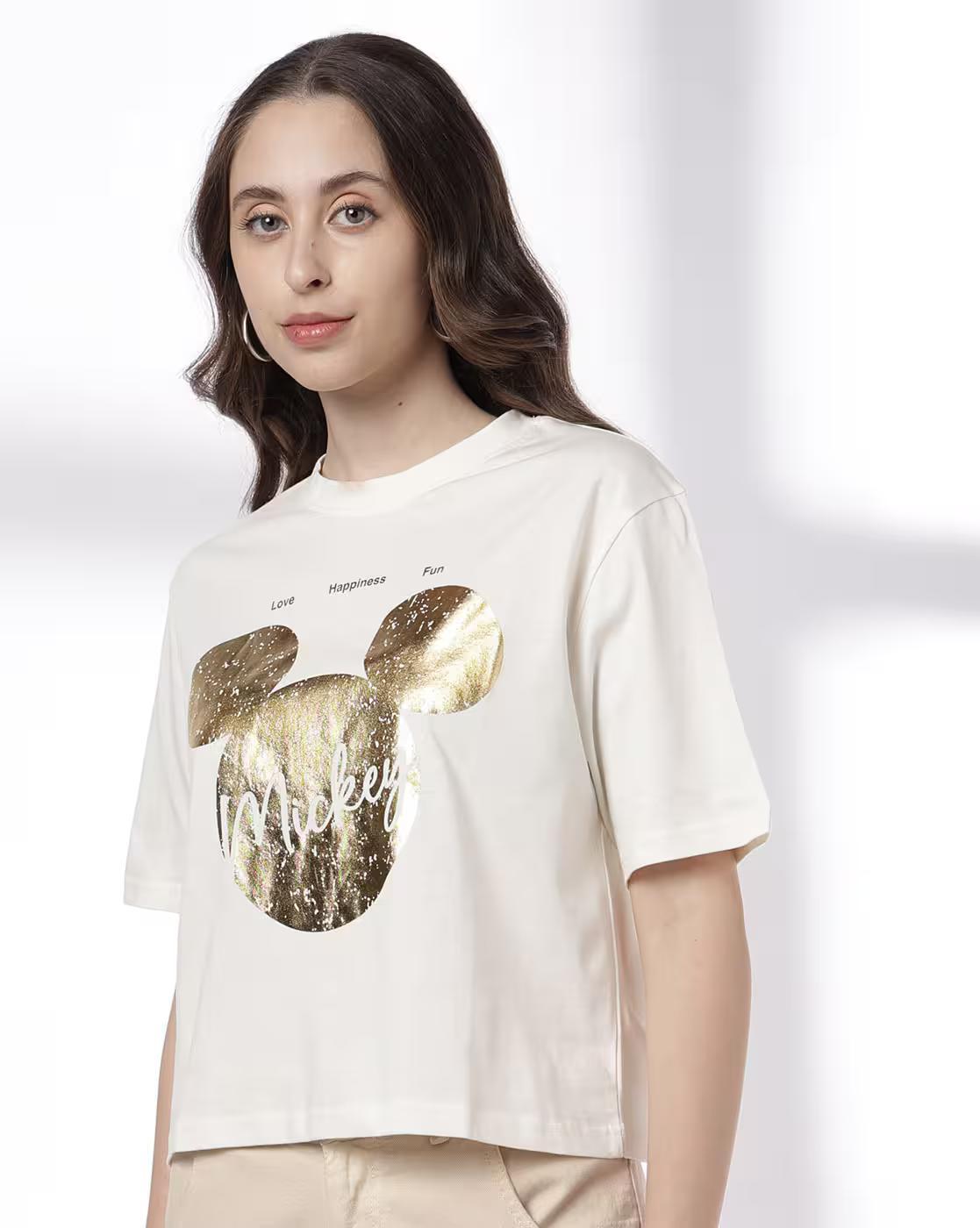 Disney - Women Mickey Mouse Print Boxy Fit Crew-Neck T-Shirt