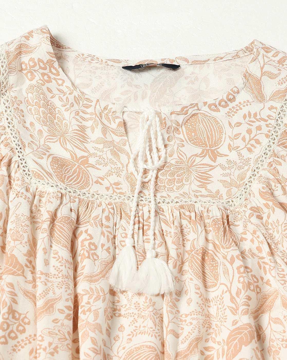 Printed Balloon Sleeve Top wit, BEIGE, M