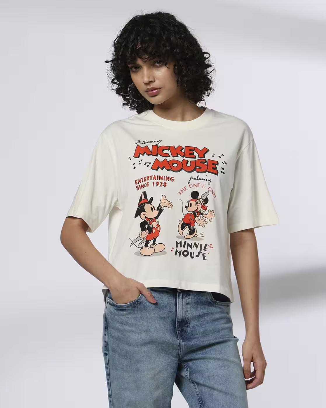 Disney - Women Mickey Mouse Print Boxy Fit Round-Neck T-Shirt