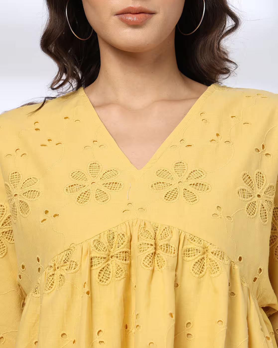 Schiffli Top with Double Nec, YELLOW, XL
