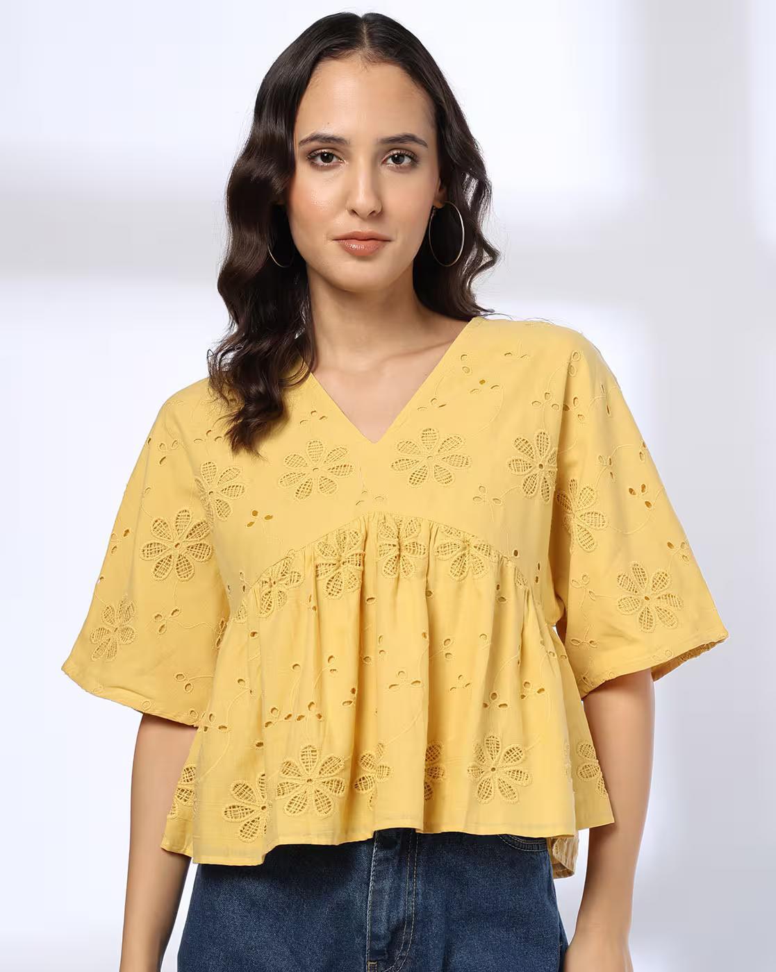 Schiffli Top with Double Nec, YELLOW, XL