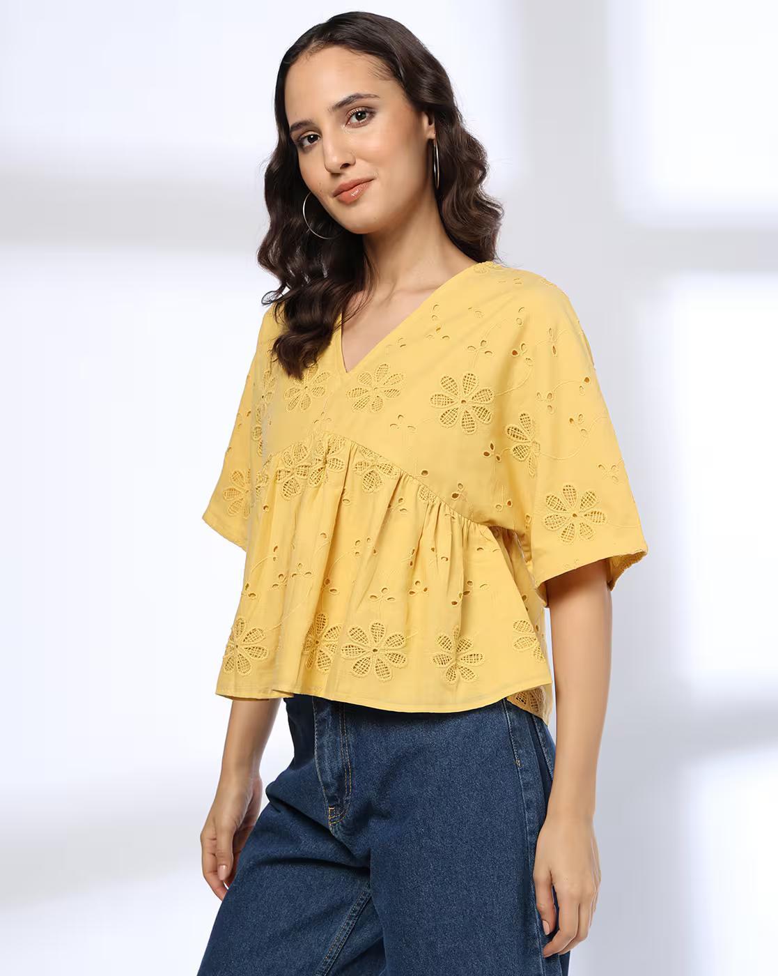 Schiffli Top with Double Nec, YELLOW, XL