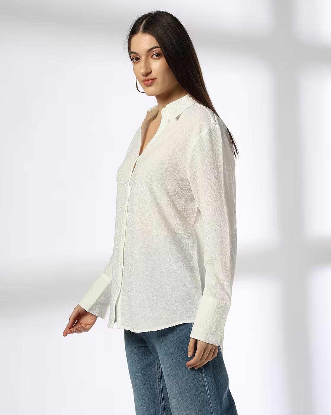 Seersucker Shirt with Wide Cuf, WHITE, L