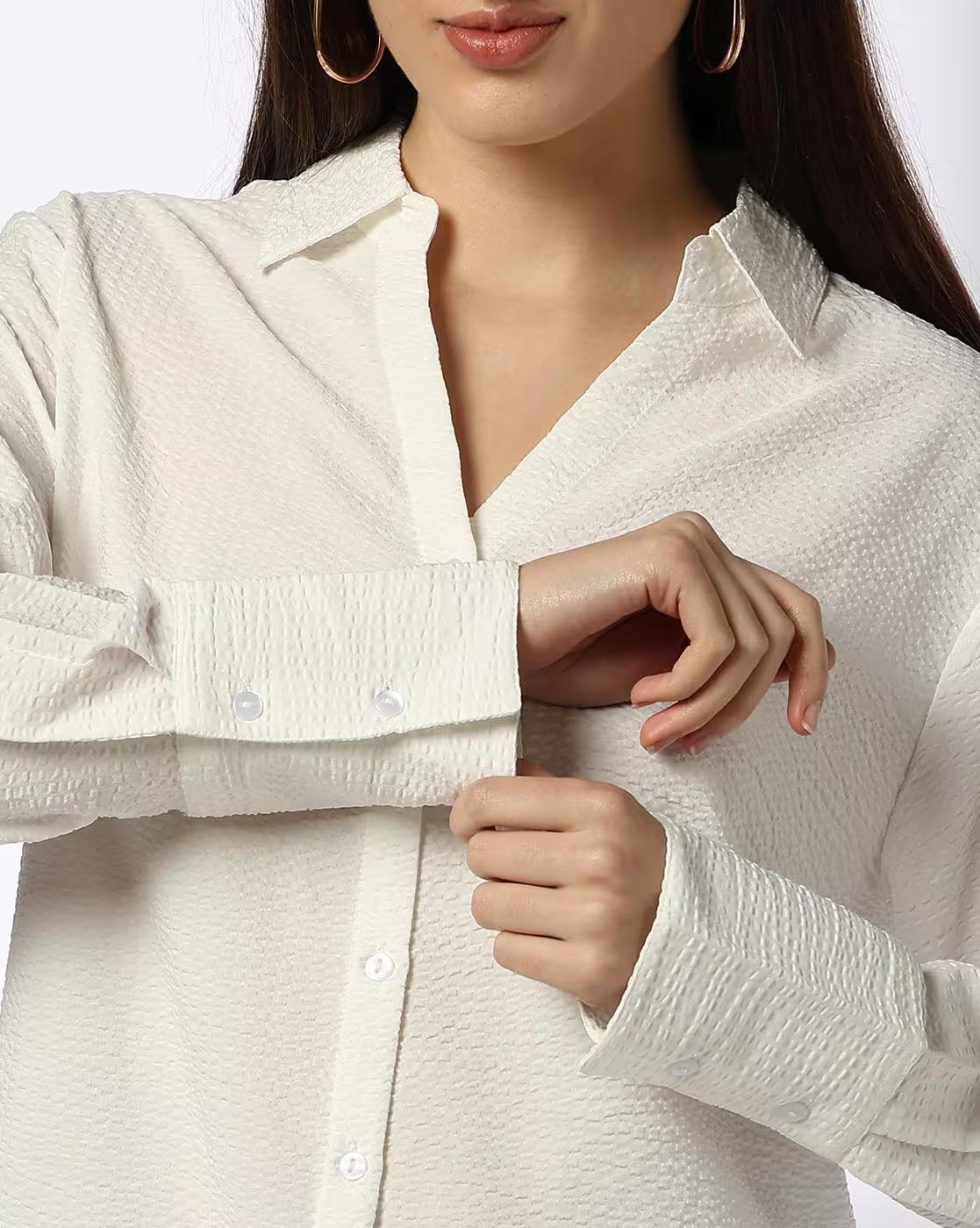 Seersucker Shirt with Wide Cuf, WHITE, L