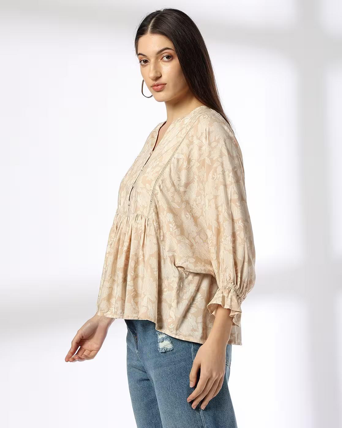 Y Notch Printed Peplum Top, BEIGE, M