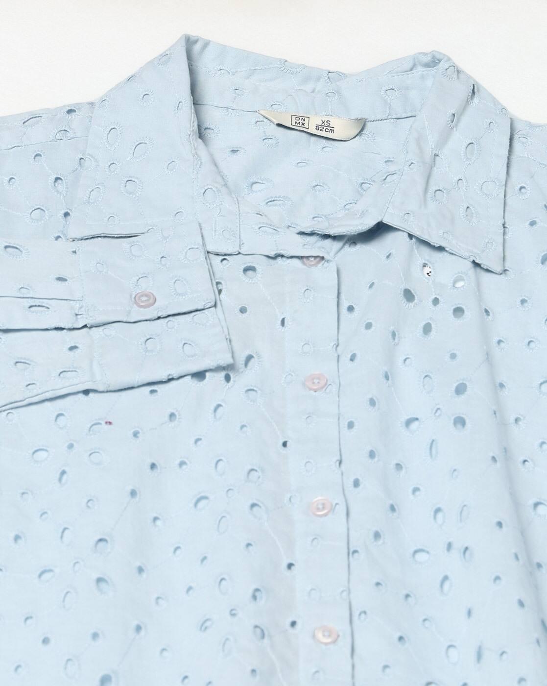 Button Down Schiffli Shirt, BLUE, XS