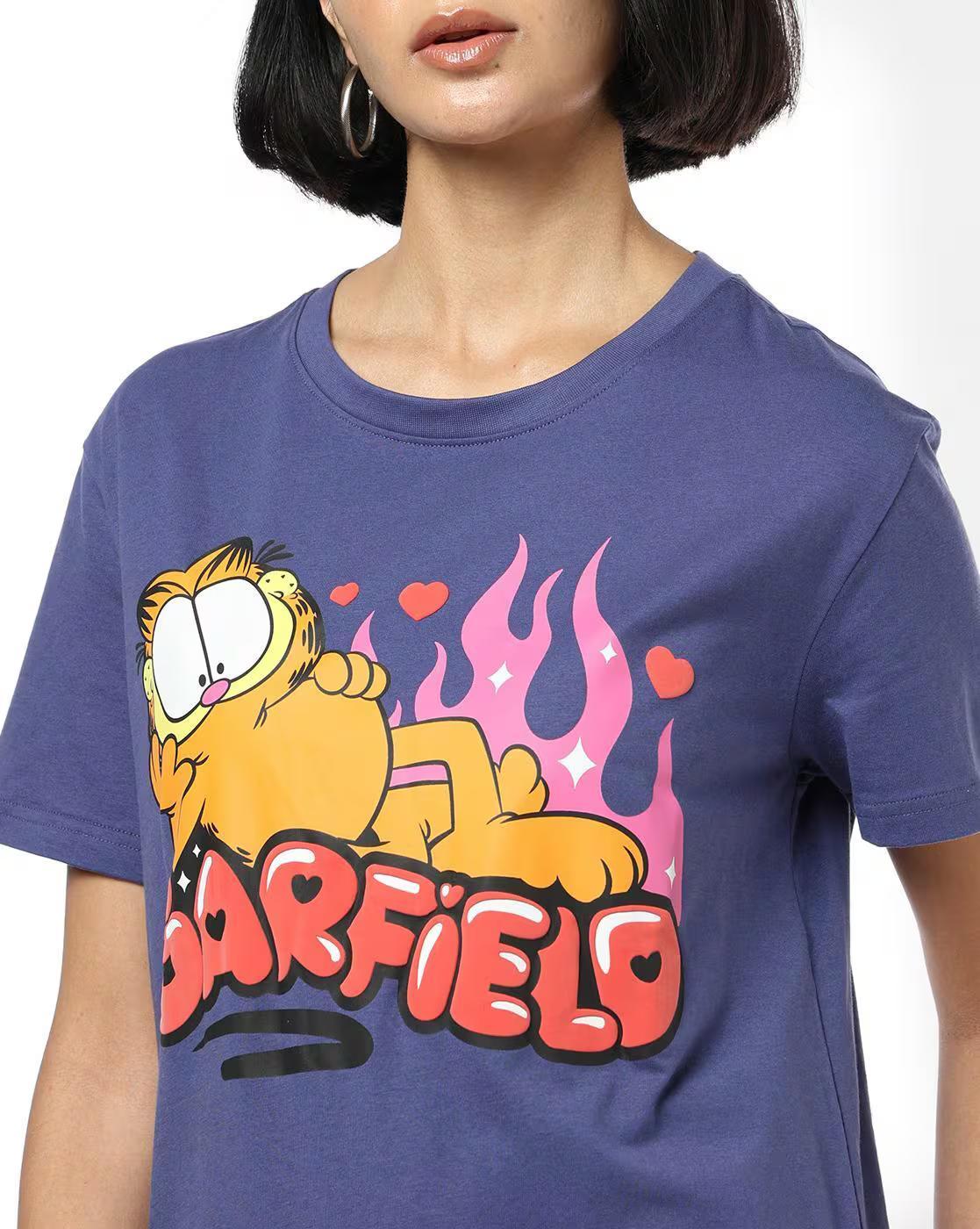 Women Garfield Print Loose Fit Crew-Neck T-Shirt
